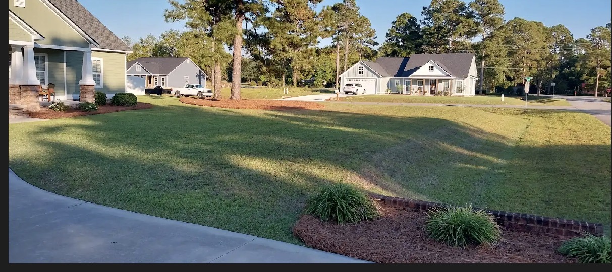 Freshly mowed residential lawn with pine straw beds in Moultrie, GA