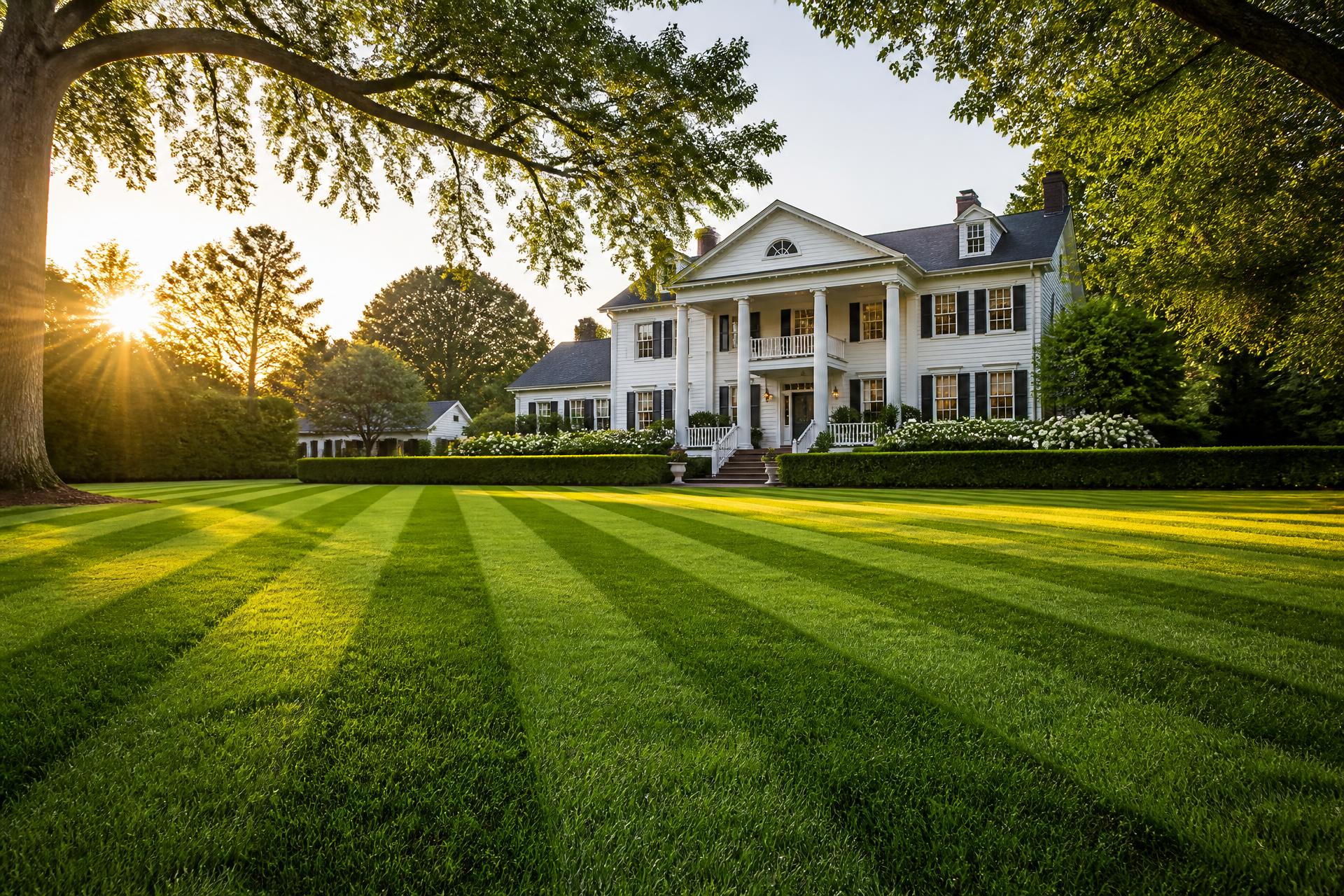 Perfectly striped fresh cut lawn in front of Southern home